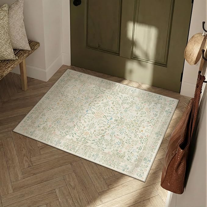 PureCozy 2x3 Light Green Area Rug for Entryway Washable Vintage Floral Carpet Low Pile Non Slip Botanical Aesthetic Small Soft Accent Throw Rug Entrance Kitchen Bedroom Nursery Office Indoor