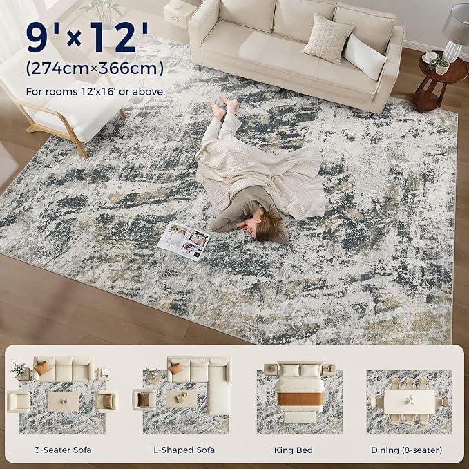 DMOYEST Area Rug Living Room Rugs - 9x12 Large Soft Indoor Neutral Modern Abstract Low Pile Washable Rug Carpet for Bedroom Dining Room Farmhouse Home Office-Black Gold/Grey