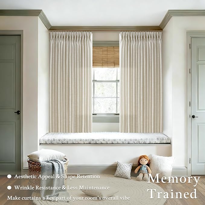 Flax Linen Blend 72 Inch Curtains for Bedroom Rustic Pinch Pleat Semi Sheer Window Drapes Light Filtering Privacy Cottagecore Farmhouse Office Sunroom Cabin Back Tab Viral Pleated Curtains 50x72