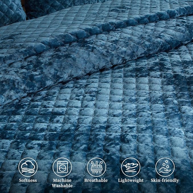 Luxury Soft Velvet Quilt Set King Size - Lightweight Velvet Bedding Set for All Season, Oversized Bedspread Coverlet Comforter Set with 2 Pillow Shams, Blue, Diamond