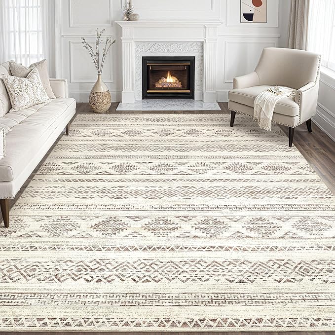 Tortania Area Rug Living Room Rugs - 9x12 Washable Large Soft Neutral Boho Moroccan Bohemian Farmhouse Rug Indoor Floor Carpet for Bedroom Under Dining Table Home Office Decor - Brown