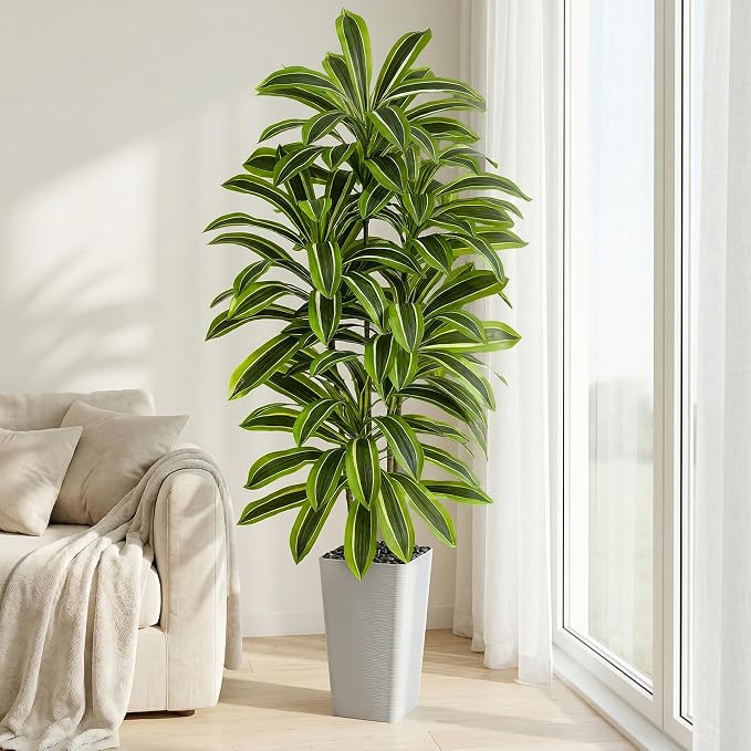 Artificial Dracaena Tree：6FT Faux Silk Tropical Yucca Floor Trees Realistic Fake Green Plant with Natural Wood Trunk & Lifelike Leaves for Home Office Decor Indoor & Outdoor (6FT,1-Pack,White)