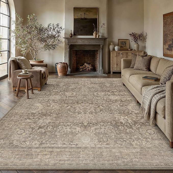 HUGEAR Area Rugs 8x10 Light Brown Washable Rug for Living Room Bedroom Large Neutral Vintage Rug Carpet Distressed Soft Durable Non Slip No Shedding for Indoor Dining Nursery Farmhouse