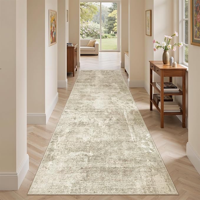 Soalmost Washable Runner Rug, 2'6" x 8' Non-Slip Kitchen Vintage Foldable 2.5x8ft Hallway Runners for Entryway, Laundry, Bedroom, Beige Gray