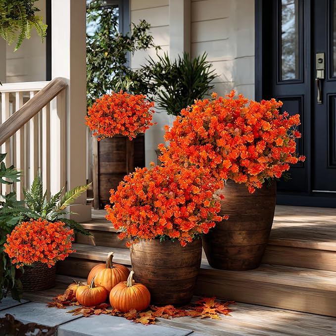 AXYLEX Artificial Fall Flowers Outdoor Fake Mums - 12 Bundles Fake Plants UV Resistant No Fade Faux Plastic Greenery Garden Porch Patio Fall Home Decor(OrangeGreen)