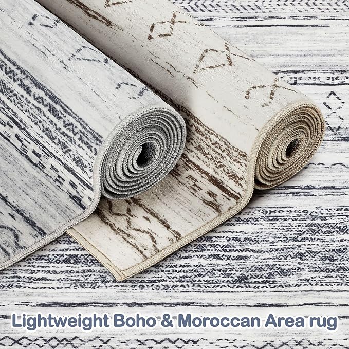 Tortania Area Rug Living Room Rugs - 7x9 Washable Large Soft Neutral Boho Moroccan Bohemian Farmhouse Rug Indoor Floor Carpet for Bedroom Under Dining Table Home Office Decor - Grey