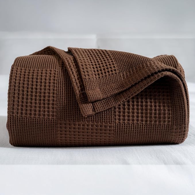 100% Turkish Cotton Blanket King Size Waffle Weave Blankets, Made in Turkiye, Light Airy Throw Bedspread (Dark Brown, King Size Blanket 90 x 110 inch)