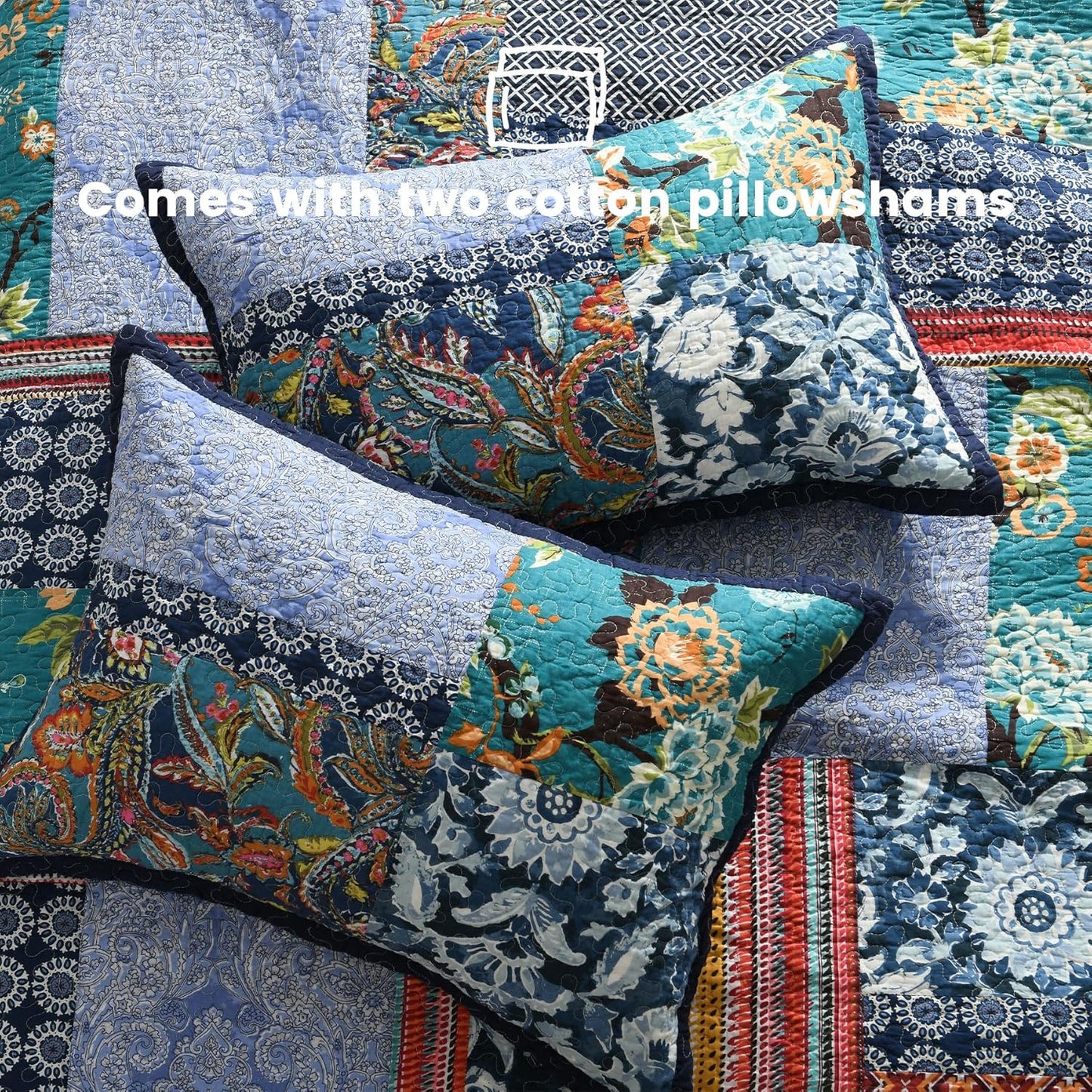 Secgo Queen Comforter Set for Bed - 100% Cotton Quilts Queen Size, Navy, Bohemia Bedspreads (90 * 98 Inch) with 2 Pillow Shams, Patchwork Reversible Lightweight Bedding