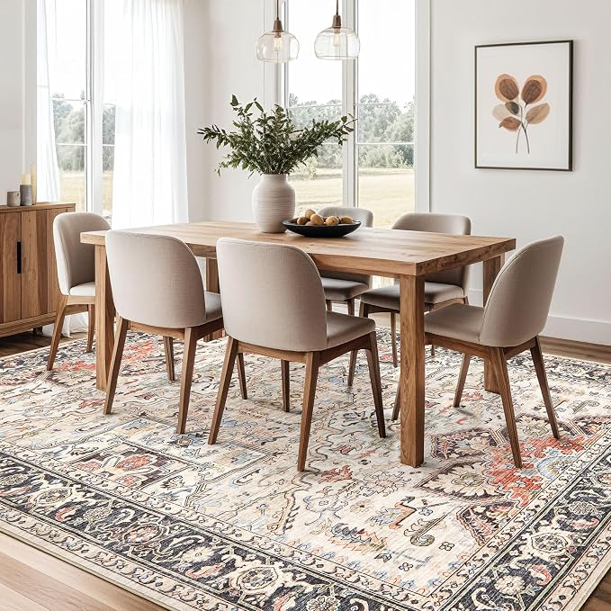 Area Rug for Living Room - 7x9 Soft Washable Oriental Vintage Floral Distressed Large Carpet - Fade Stain Resistant Non Slip Rugs for Bedroom Dining Room Nursery Dorm Office Home Decor - Multi