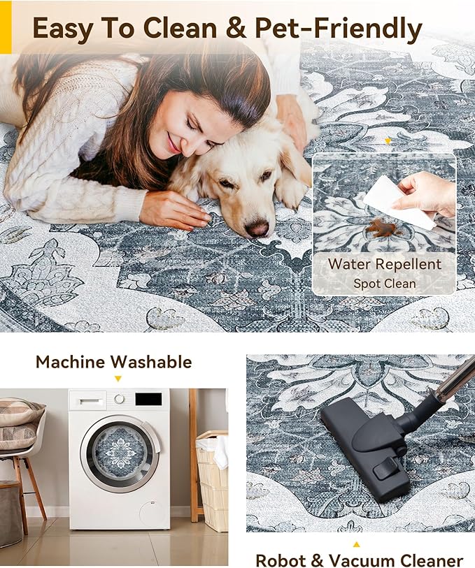 RELEANY Area Rugs 4ft Washable Non-Slip, Floral Vintage Distress Print Pattern Medallion Carpet for Living Room Bedroom Dining Room, Light Gray Grey White