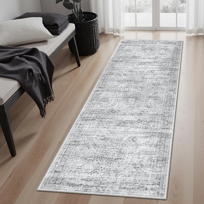 Soalmost Runner Rug 2'x6' Washable Non-Slip Runner Rugs for Kitchen Bathroom Laundry Room Grey Vintage Floor Carpet Runners for Hallway Entryway