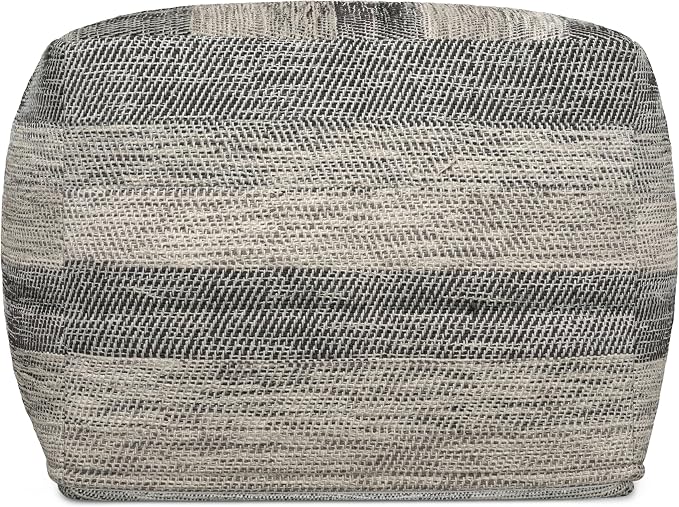 SIMPLIHOME Clay Square Pouf - 18 inch Wide Upholstered Cotton Ottoman in Grey/Natural, Boho Footstool, Decorative Cube Pouf or Extra Seating for Living Room, Bedroom, or Kids Room, Assembled