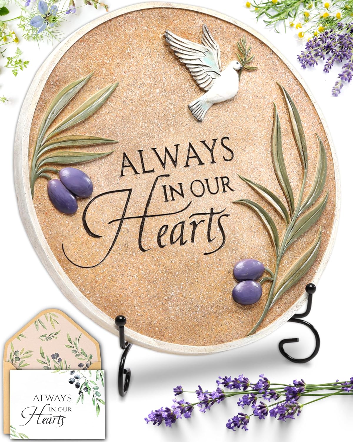 Spiritwind 10-Inch Garden Memorial Stone with Included Plaque Stand & Sympathy Card, Memorial Plaques for Outdoors with Peace Dove Amongst Olive Branches, Memorial Stepping Stone for Loss of Loved One