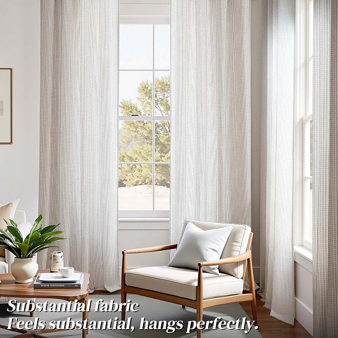 DriftAway 3D Chenille Striped Curtains 102 Inches Long Tweed Linen Textured Light Filtering Woven Embroidered Luxury Soft Drapes for Living Room Bedroom Grommet Privacy 2 Panels W52 x L102 Coffee