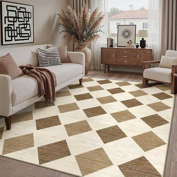 PureCozy 8x10 Checkered Area Rugs for Living Room Brown Machine Washable Large Rug Non-Slip Stain Resistant Low Pile Boho Accent Indoor Throw Carpet for Bedroom Dining Room Home Aesthetic Decor