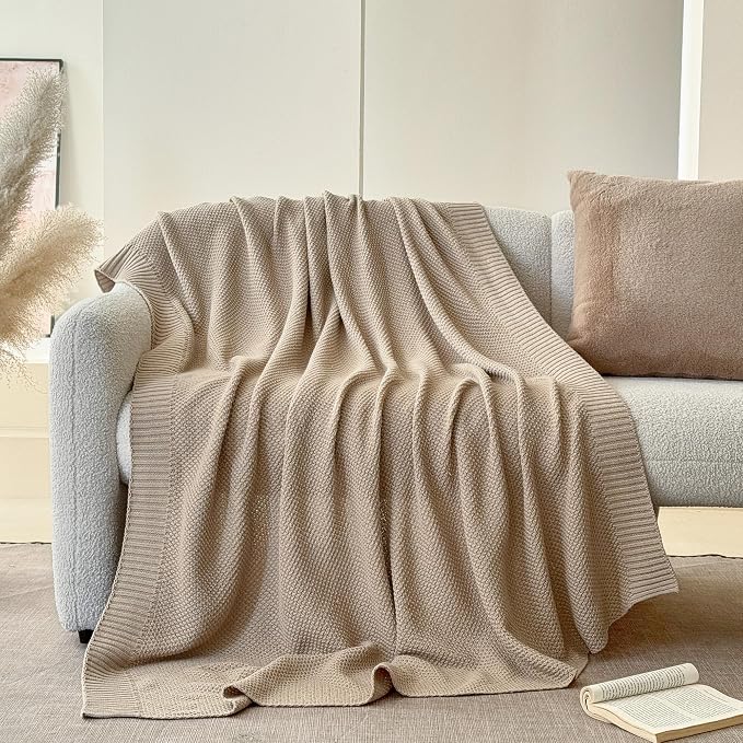 Simple&Opulence 100% Cotton Blanket Queen Size, Solid Color Cable Knitted Blanket Super Soft Comfortable Breathable Decorative Farmhouse for Couch Sofa Bed, All Season Use(Light Khaki,90x90)