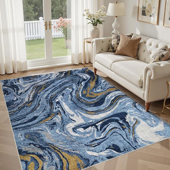 DMOYEST 5x7 Area Rug for Living Room - Washable Neutral Modern Abstract Rugs Soft Non-Slip Carpet Low Pile Indoor Floor Mat for Bedroom & Dining Room Decor for Families with Kids and Pets - Dark Blue