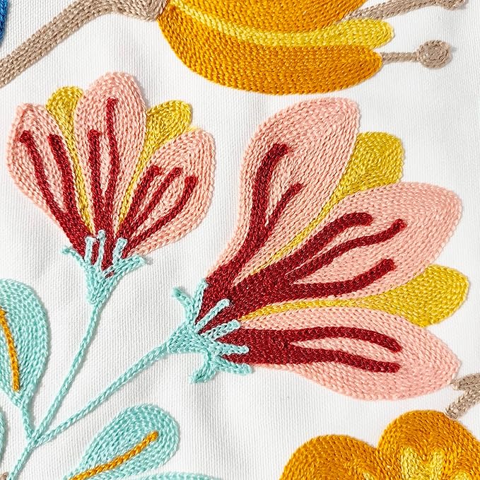 Floral Embroidery Throw Pillow Covers 18x18 Inch Colorful Flower Decorative Cushion Case with Blue and Orange Flowers 100% Cotton, Home Decor Embroidered Throw Pillow Cover 45x45cm, 1 Piece