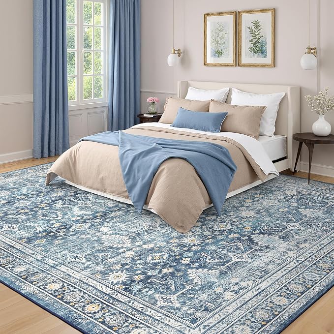 Lofus 10x14 Area Rug for Living Room,Blue Washable Area Rugs with Non-Slip Backing,Soft Boho Carpets for Bedroom Dining Room Home Office Indoor Nursery