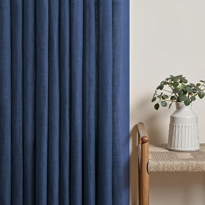Navy Blue Curtains 63 Inch Length for Nursery Room Pair Set Back Tab Pinch Pleated Window Panel Semi Privacy Sheer Linen Textured Lightweight Navy Curtain for Boys Bedroom Game Gaming Room Indigo Blue