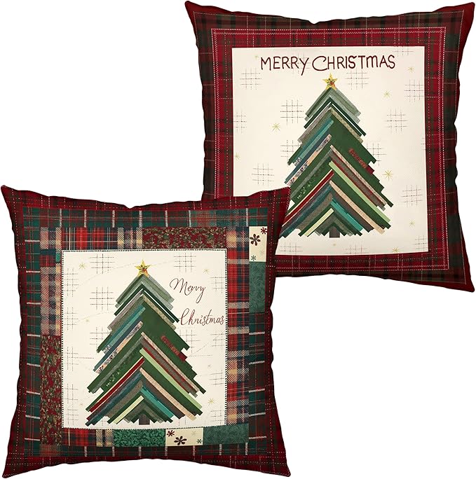 Christmas Pillow Covers 22x22 Set of 2 Red Green Checkered Plaid Xmas Tree Throw Pillow Covers Winter Pillowcase Cotton Linen Cushion Case for Holiday Decor Couch Sofa