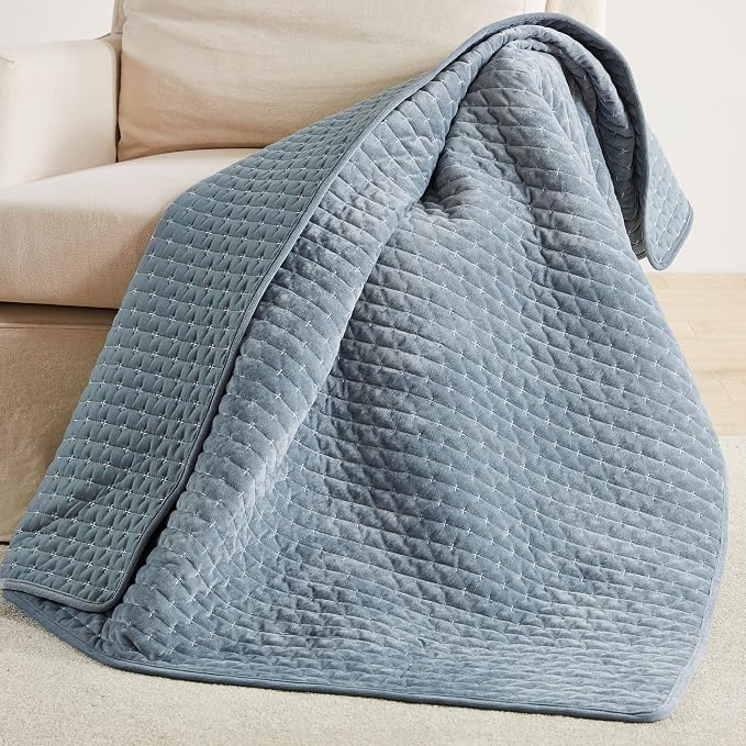 Levtex Home - Velvet Stitch - Throw - Cross Stitch Velvet - Chambray with White - Quilt (50x60in.) and Sham 50x60in. - Polyester