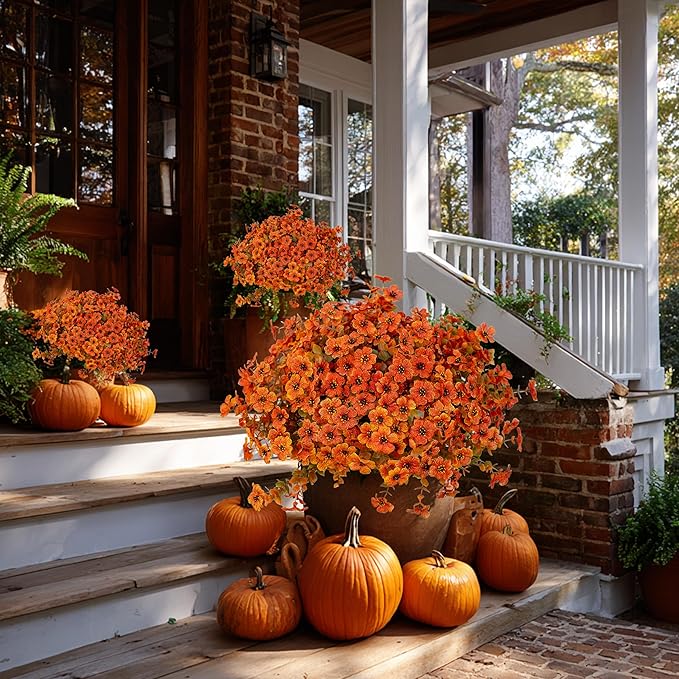 AXYLEX Artificial Fall Flowers Outdoor Fake Mums - 16 Bundles Fake Plants UV Resistant No Fade Faux Plastic Greenery Garden Porch Patio Fall Home Decor (Orangegreen)