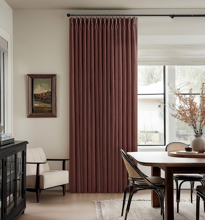 105 Inches Pinch Pleat Linen Blend Curtains 2 Panels Set Rustic Memory Trained Red Brick Back Tab Burlap Curtain with Hook Rings 50 Inch Wide Light Filtering Window Drapes for Living Room Bedroom
