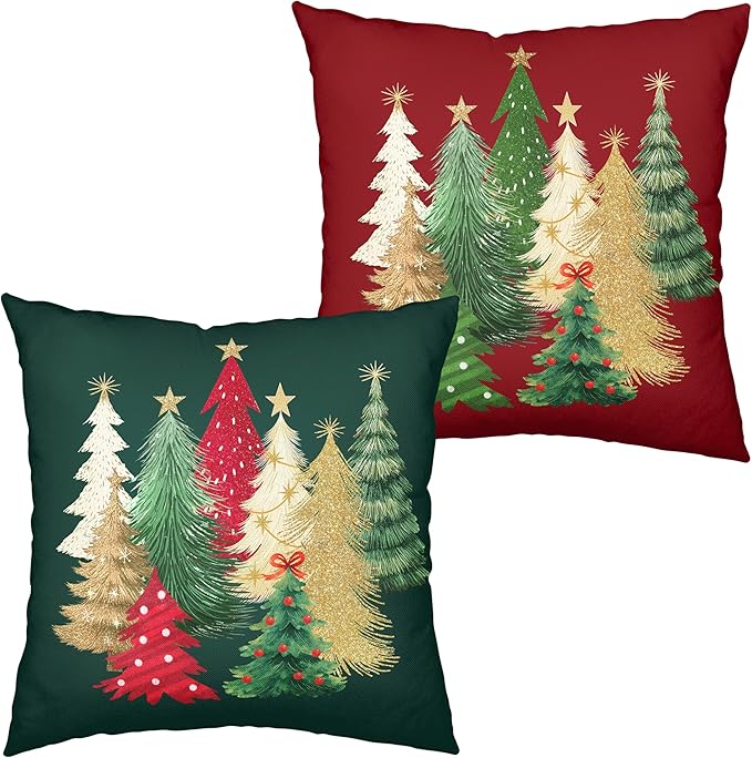 Green and Red Christmas Pillow Covers Set of 2 Colorful Xmas Tree Throw Pillow Covers 18x18 Winter Holiday Pillow Case Double Sided Printing Cushion Case for Couch Sofa Decor