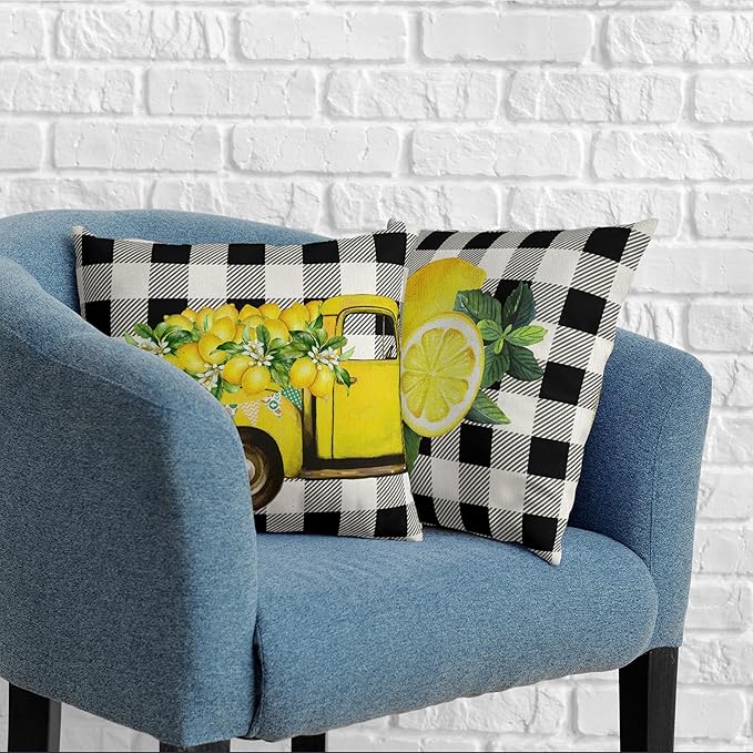 Summer Lemon Pillow Covers Yellow Truck Lemon Blossom Throw Pillow Covers for Living Room Farmhouse Patio Car Black Buffalo Plaid Cushion Case 24x24 Set of 2