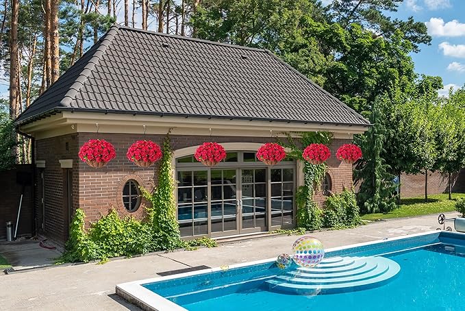 Ammyoo Artificial Hanging Flower Plants with Basket for Outdoor Decoration, Faux Petunias Flowers Fake Morning Glory Planter for Outside Patio Garden Porch Balcony Yard Decor(Rose Red)