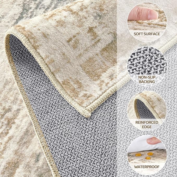 UERMEI 4x6 Washable Area Rug for Living Room: Modern Neutral Abstract Soft Low Pile Carpet Non-Slip Pet Kids Friendly Indoor Decor for Bedroom Dining Room Home Office Nursery Golden Brown