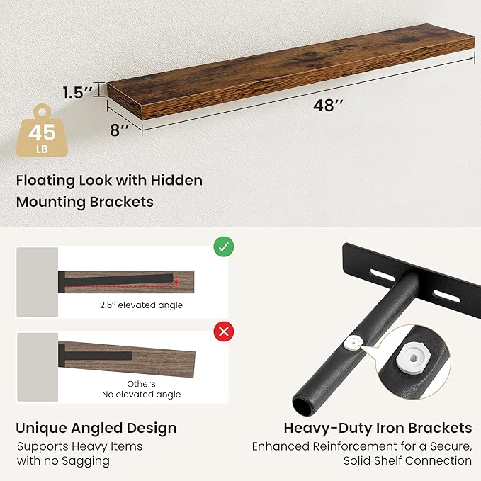 Fun Memories Floating Shelves for Wall, Rustic Wood Wall Mounted Shelves for Bathroom, Bedroom, Living Room and Kitchen, Storage & Home Decor (Set of 2, Brown, 48 in)