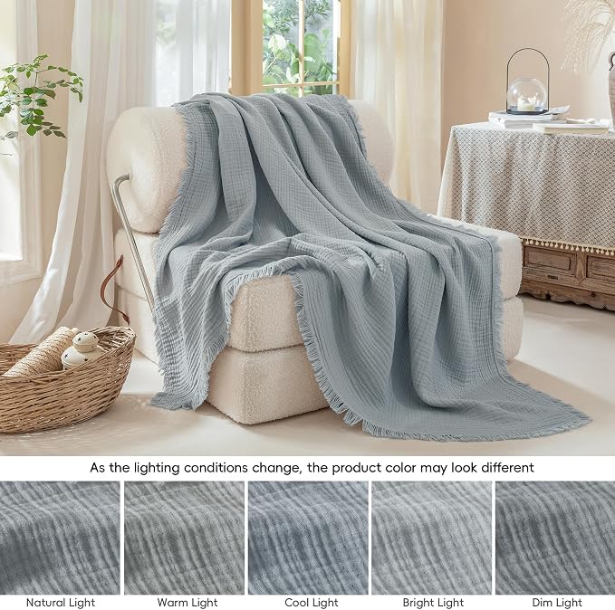 Muslin Fringe Blankets for Adults: 100% Cotton Cloud Soft | 4-Layer Gauze Breathable Lightweight All Season Throw Blanket for Bed Couch Sofa Office