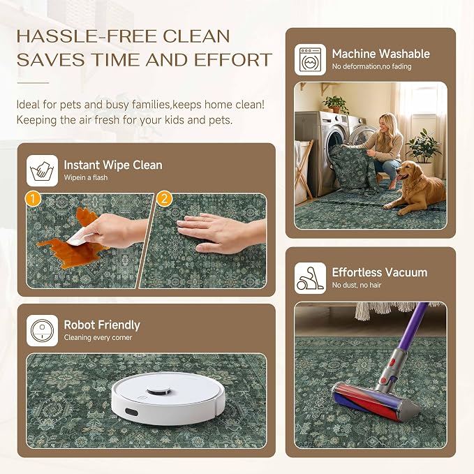 8x10 Washable Area Rug for Living Room Bedroom Vintage Green Non Slip Carpet Traditional Retro Soft Low Pile Large Throw Rug for Dining Room Kitchen Office Indoor