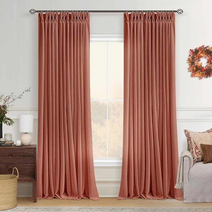 Pleated Terracotta Linen Curtains 96 Inches Long for Living Room 2 Panels Semi Sheer Light Filtering Pinch Pleat Rings Hooks Drapes Farmhouse Rustic Rust Colored Burnt Orange Curtain Bedroom Window