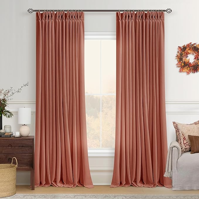 Extra Long Terracotta Linen Curtains 120 Inches Long Red Clay Burnt Orange Funky Farmhouse Rustic Curtain Light Filtering Semi Sheer Back Tab Pinch Pleat Curtain for Tall Ceiling Living Room 2 Panels