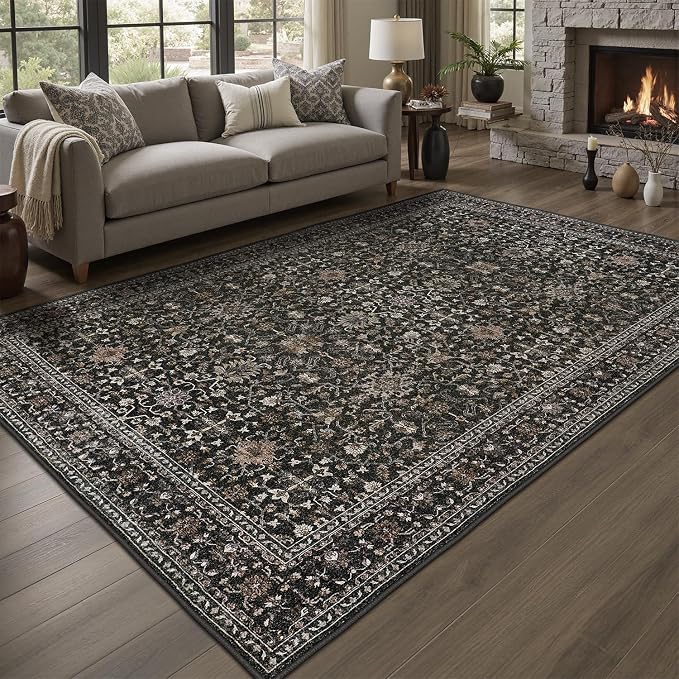 DCX Black 4x6 Rug, Kid & Pet Friendly with Rubber Back Non Slip, Machine Washable Stain Resistant Vintage Traditional Distressed Carpet, Rug for Living Room, Bedroom, Home Decor