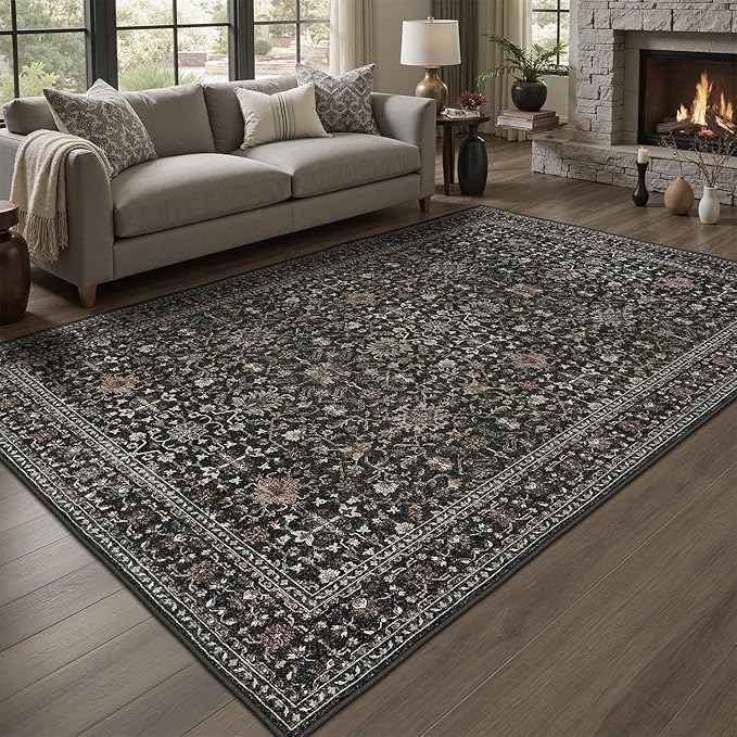 DCX Black 8x10 Rug, Kid & Pet Friendly with Rubber Back Non Slip, Machine Washable Stain Resistant Vintage Traditional Distressed Carpet, Rug for Living Room, Bedroom, Home Decor