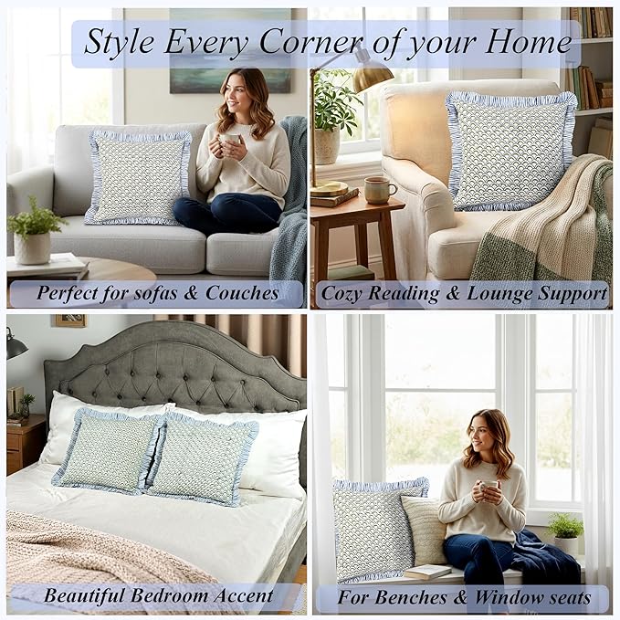 Ridhi Block Print Hand Fan Harmony Throw Pillow Cover 24" x 24" (Pack of 2) Decorative Cushion Covers with Ruffle for Couch, Sofa, Bed, Living Room, Home Decor Gift for Spring, Easter, Valentine