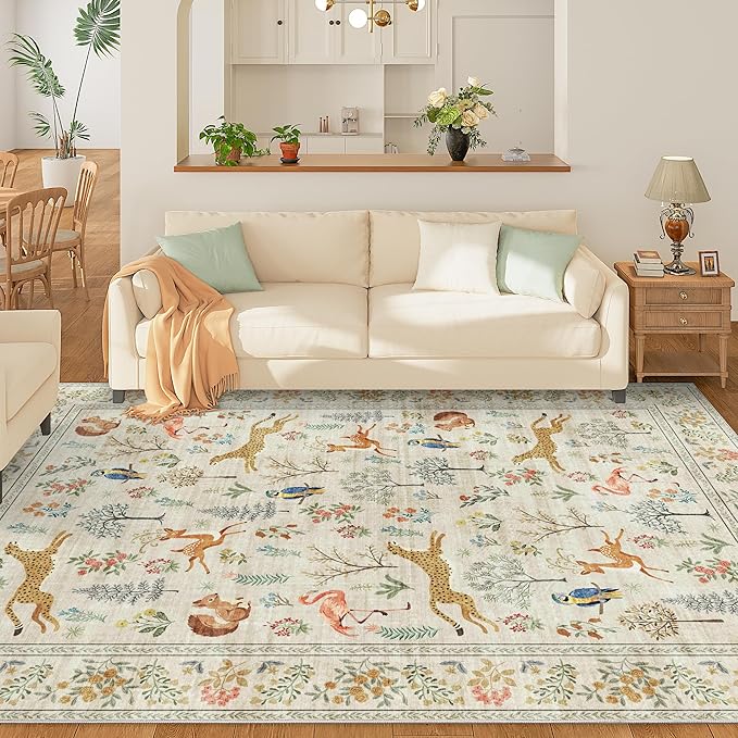 DUKINO 8x10 Rug, Washable Animal Living Room Rug with Non Slip Vintage Design, Soft Low Pile Large Carpet for Bedroom, Nursery, Dining Room, Farmhouse, Playroom, White