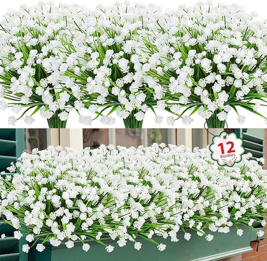 Ouddy Decor 12 Bundles Artificial Flowers for Outdoors UV Resistant Fake Plastic Plants Faux Greenery Stems for Spring Summer Indoor Garden Patio Window Box Kitchen Home Decor, White