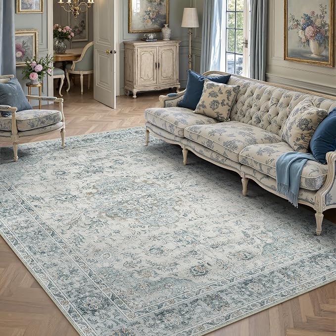 HUGEAR Area Rug 5x7 Machine Washable Living Room Rugs Light Blue Distressed Vintage Floral Low Pile Carpet Bedroom Office Dining Room Laundry Room Non Slip Soft Lightweight