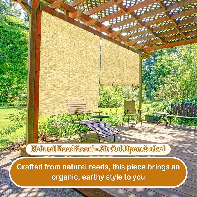 DoubleFill 2 Pcs Bamboo Shades Outdoor Reed Roll up Blinds 60" W x 72" H Blackout Sunshade Cordless Bamboo Blinds for Home Porch, Patio & Windows Decor Shutters Sunlight Privacy Screen(Natural)