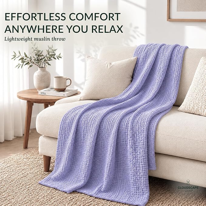 CLOUDSCAPE 4 Layer Muslin Blanket for Adults - 100% Cotton Throw Blanket, 50"x70" Oversized Gauze Throw for Sofa, Couch -Soft Lightweight Breathable Muslin Cotton Comforter for Summer - Lavender Blue