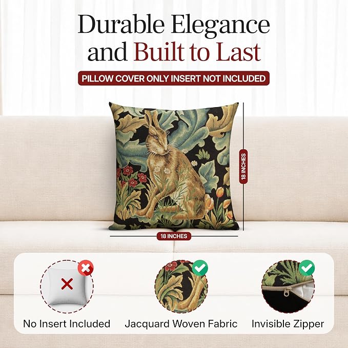 Charlotte Home Furnishings Inc Brown Hare Throw Pillow Covers 18x18, European 100% Cotton Jacquard Woven Fabric, Boho & Vintage Inspired Decorative Cushion for Living Room and Sofa