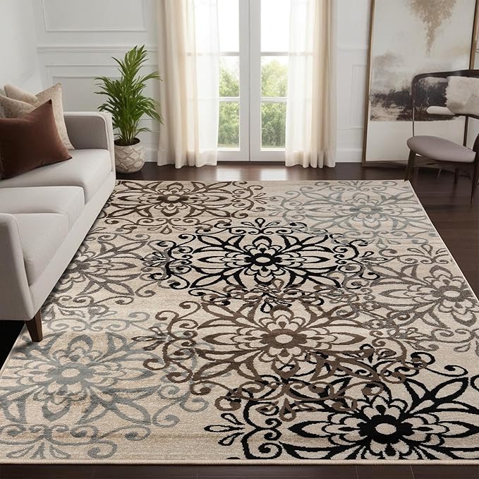 Superior Indoor Area Rug, Jute Backed, Perfect for Entryway, Office, Living/Dining Room, Bedroom, Kitchen, Hardwood Floor, Floral Scroll Decor, Leigh Collection, 3' x 5', Beige
