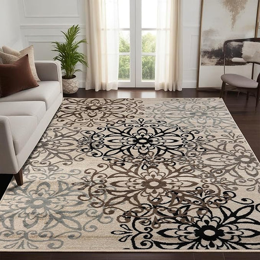Superior Indoor Area Rug, Jute Backed, Perfect for Entryway, Office, Living/Dining Room, Bedroom, Kitchen, Hardwood Floor, Floral Scroll Decor, Leigh Collection, 3' x 5', Beige
