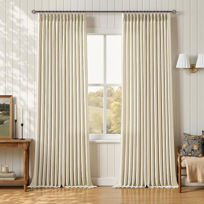 Pinch Pleated Cream Beige Linen Curtains 90 Inches Length 2 Panels Set Warm Beige Light Filtering Semi Sheer Privacy Window Curtains with Hooks Rings Back Tab Burlap Drapes for Living Room Patio 40x90