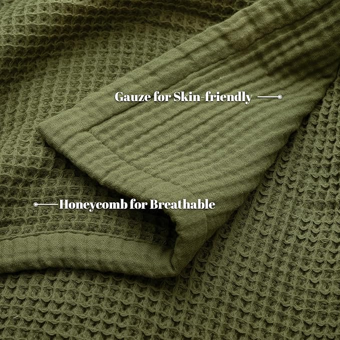 PHF 100% Cotton Waffle & Muslin Blanket Twin Size, Soft Breathable Luxury 400GSM Versatile Reversible Bedding for Bed, Great for Layering in Cold Weather, Home Decor Gift, 66" x 90", Olive Green